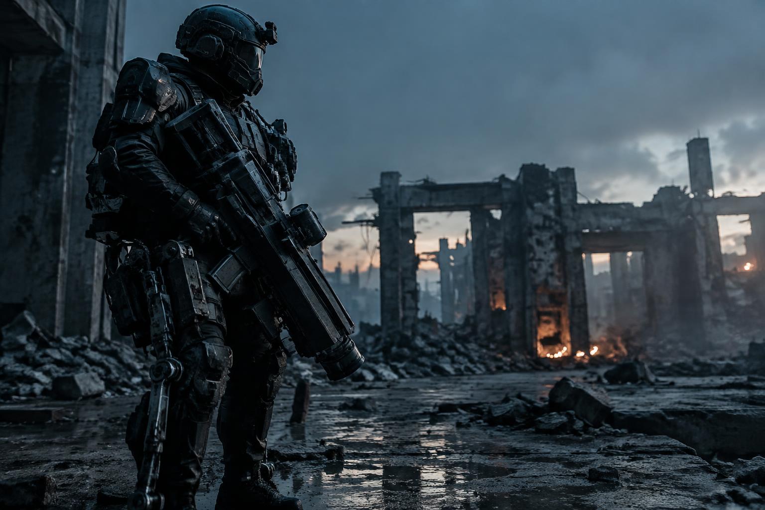 Vanguard infantryman in a titanium-mesh load-bearing exoskeleton