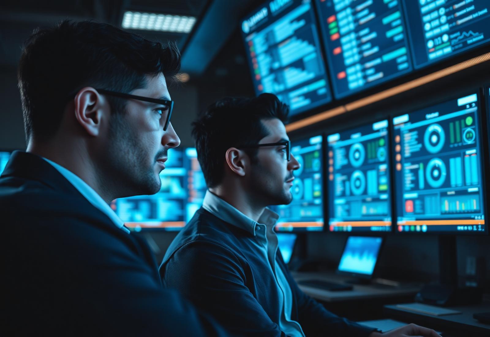 Two security analysts monitoring live threat telemetry in a dark operations centre