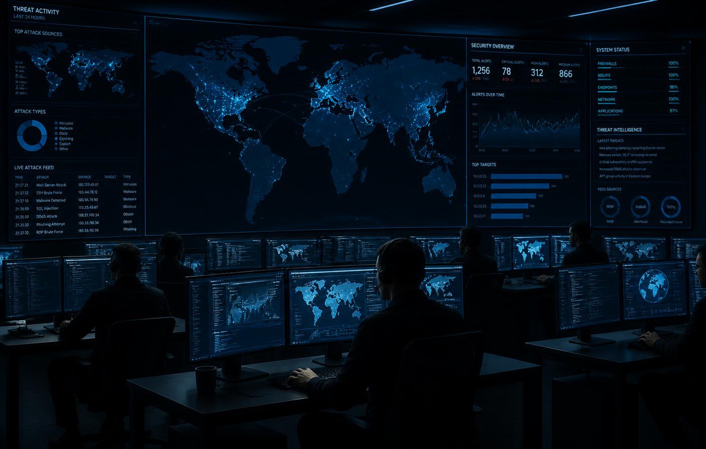 Security engineer monitoring threat dashboards in an operations room
