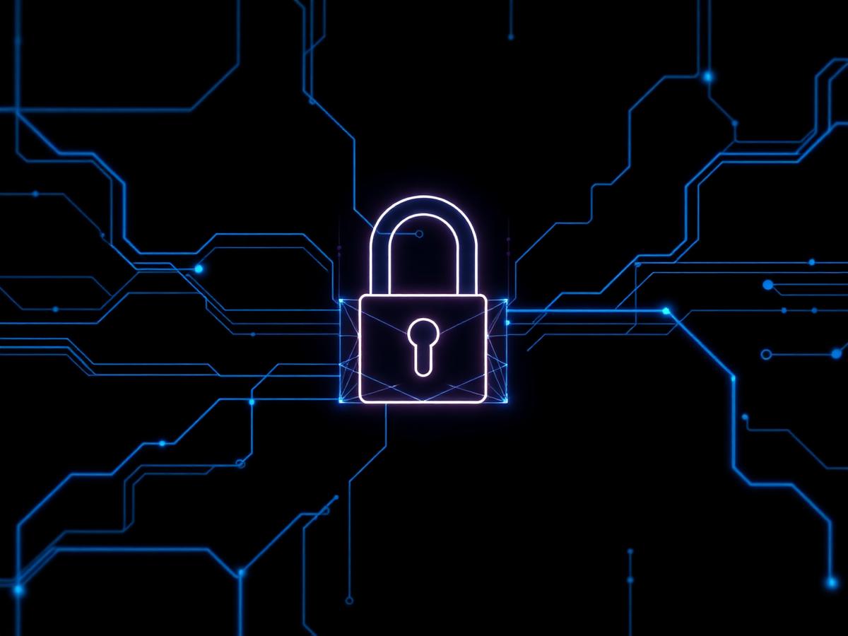 Abstract glowing blue padlock connected to circuit traces on a black background