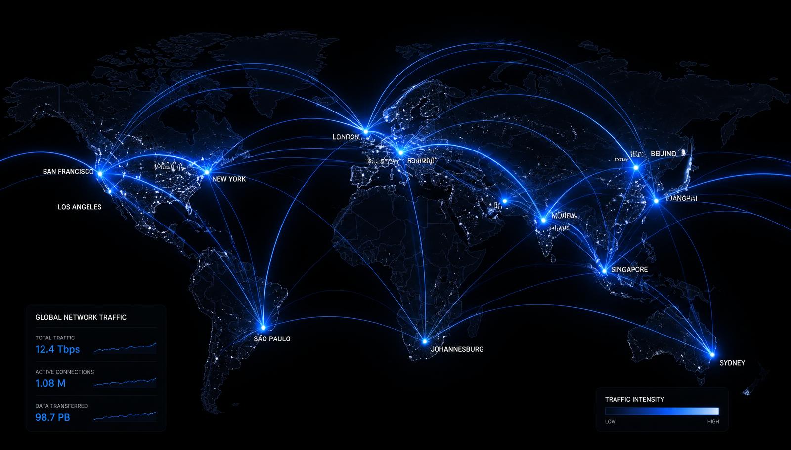Dark world map with glowing blue arcs showing global network traffic between major cities