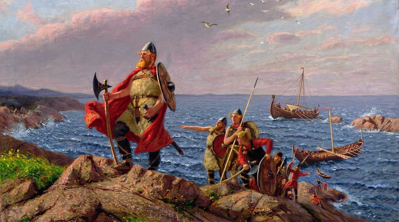 Norse explorers on a rocky shore looking out over the sea, longships behind them
