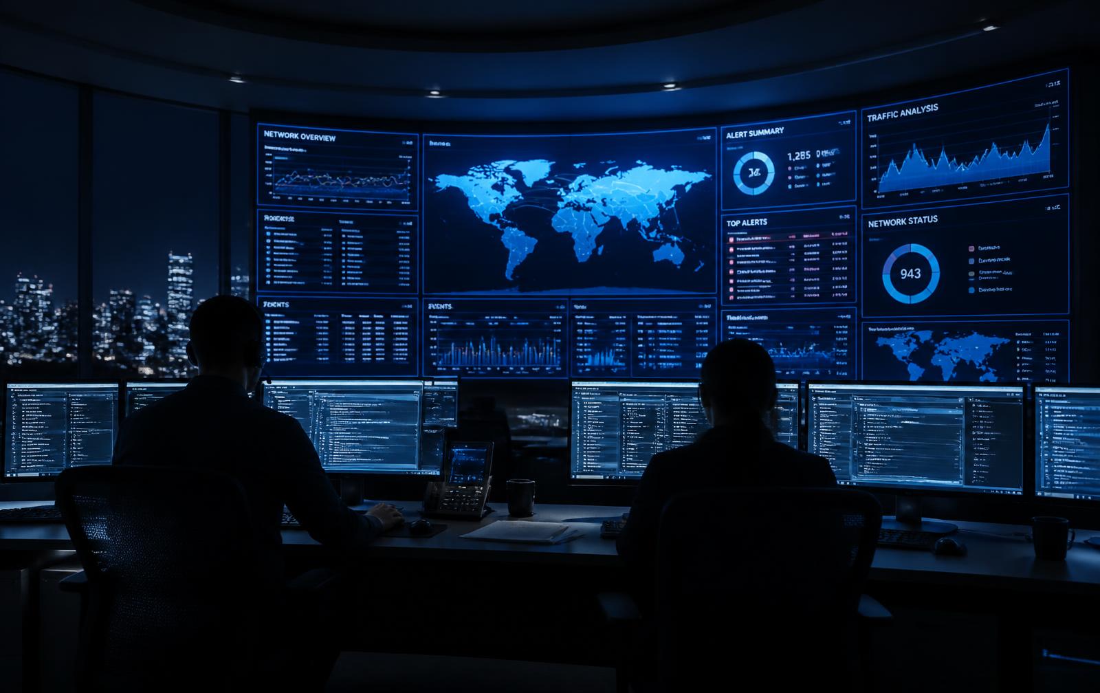 Operations room with wall-mounted dashboards showing network overview and alert summaries