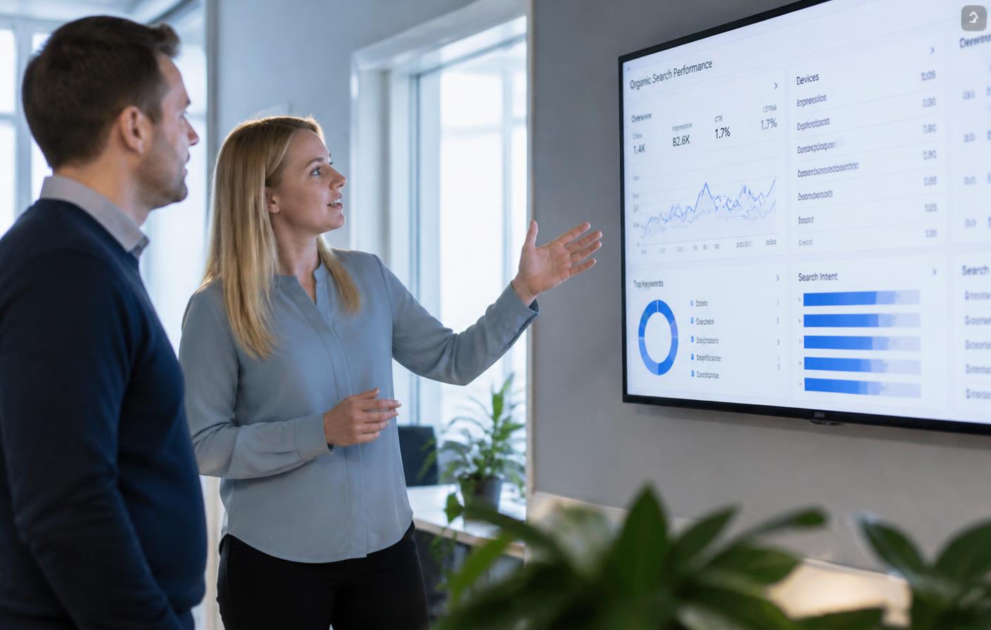 Two consultants reviewing an organic search performance dashboard on a large screen