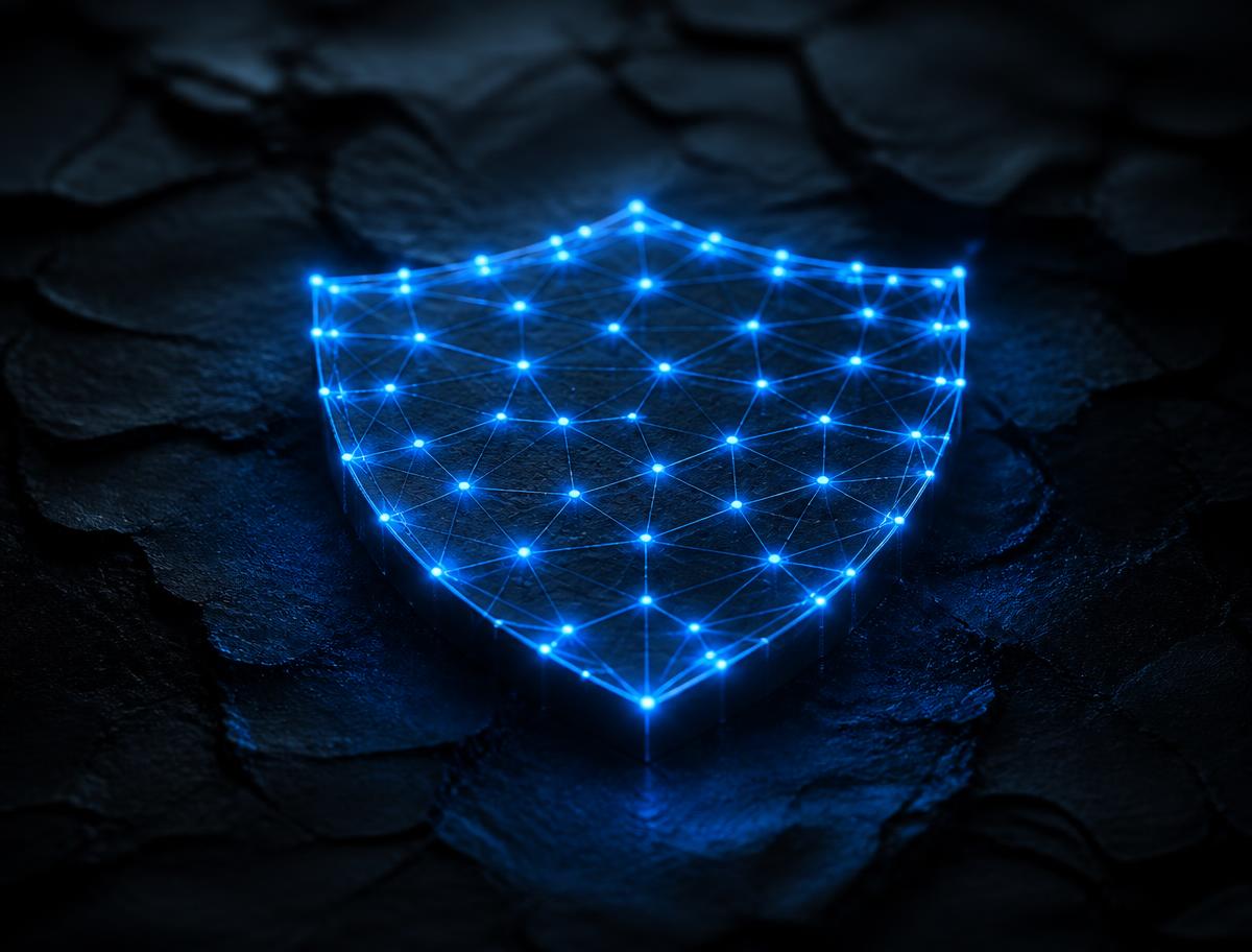 Glowing blue node lattice forming a shield over a dark stone surface