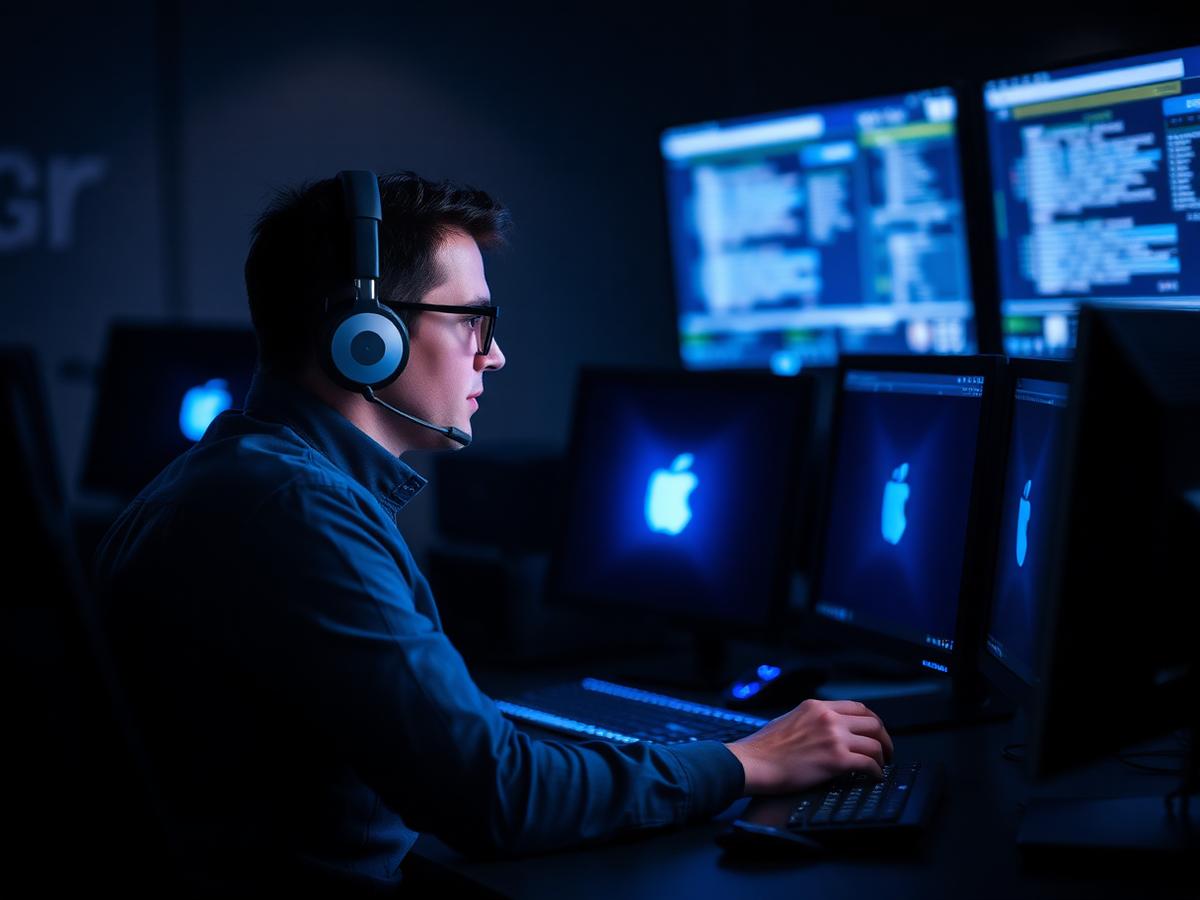 Security response engineer with a headset working at a dark multi-monitor desk