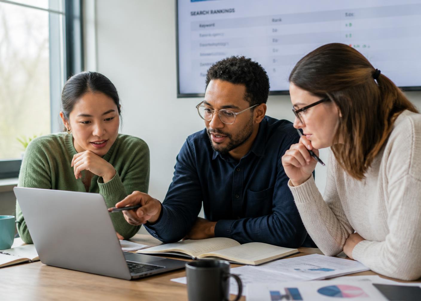 A marketing team reviewing search ranking data together